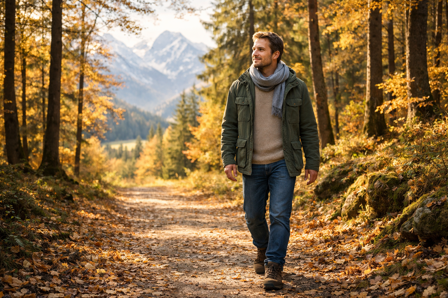 Person spaziert ruhig im Herbstwald in Österreich
